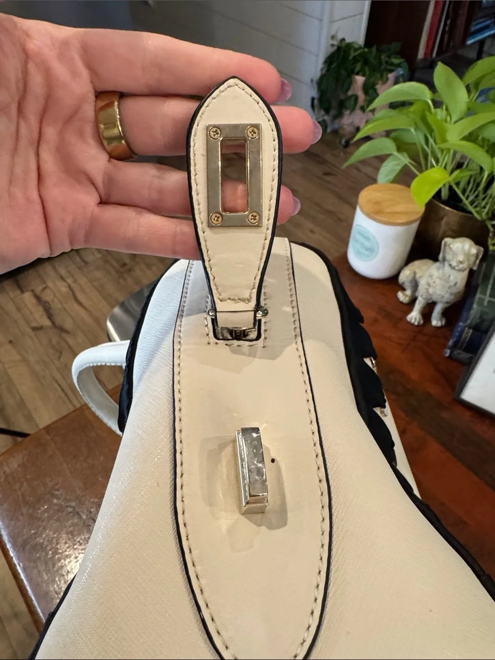 henri bendel White and Black Leather Satchel with Lace-Up Trim